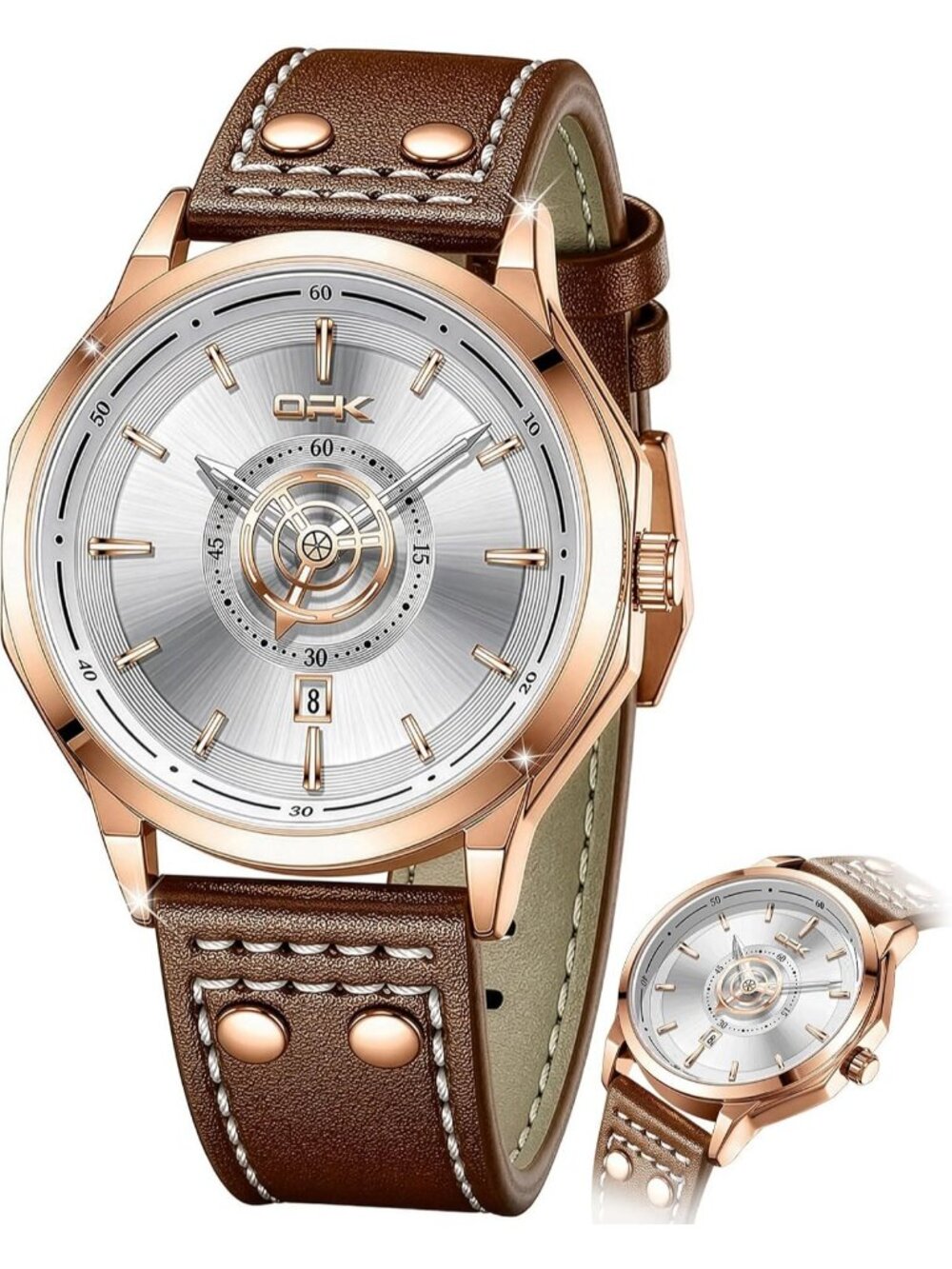 Men's Brown White Chronograph Waterproof Luminous Easy To Read Dress Wrist Watch